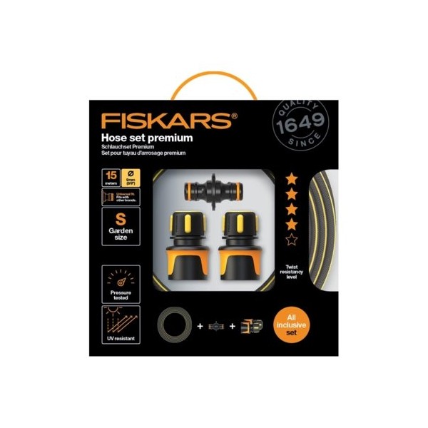 Fiskars sodo žarnos komplektas Premium 3/8" 15m.
